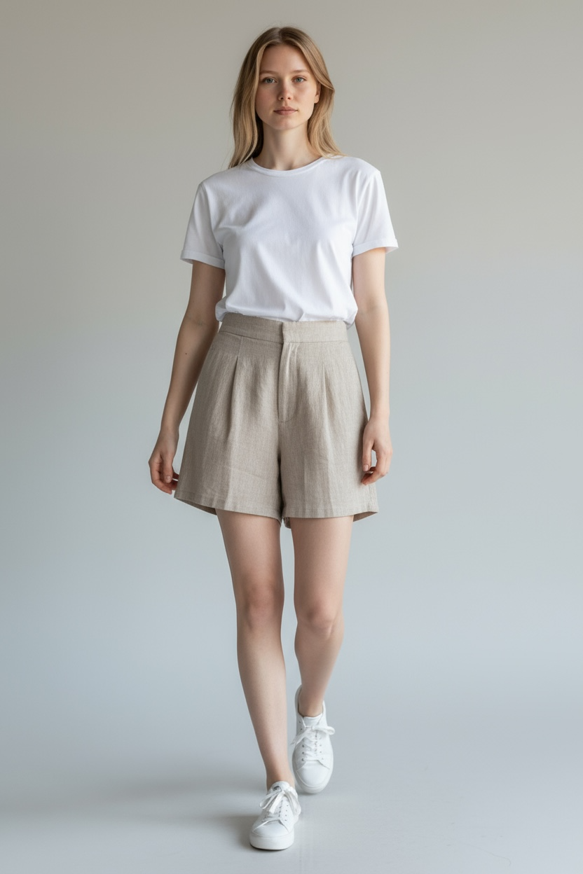 High-Waisted Hemp Pleated Shorts Oatmeal