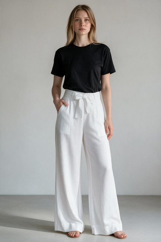 White flared hemp trousers with tie belt, worn with a black T-shirt